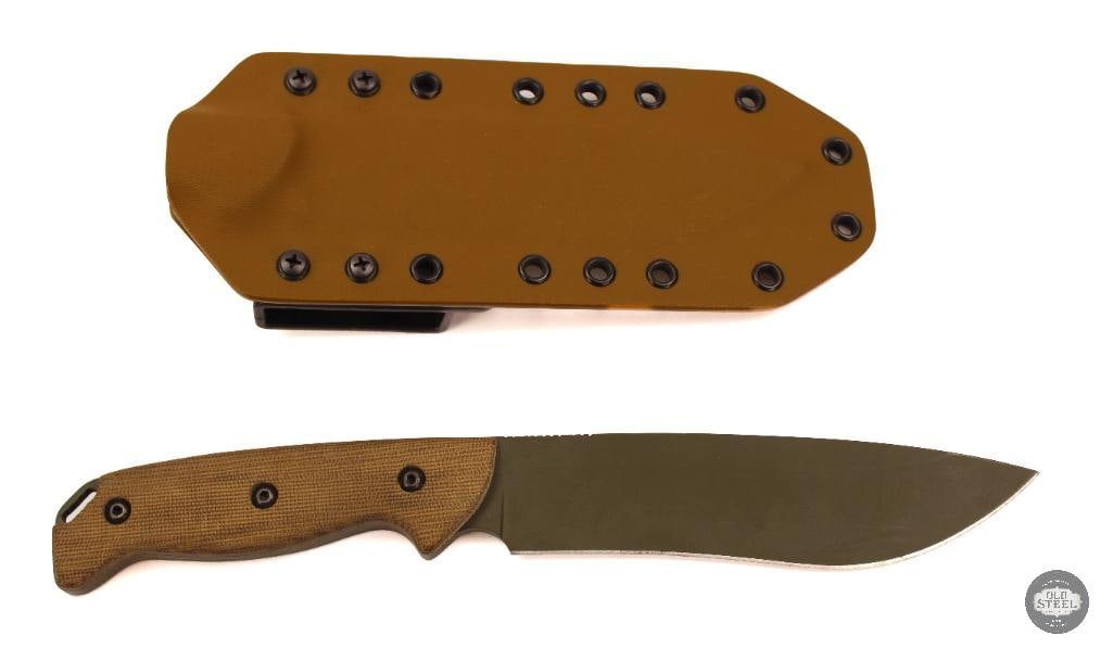 Castlegate Custom Fixed Blade Knife 6 Recurve Drop Point Blade, Green Cerakote, Micarta Handles: This custom fixed blade knife features a 6-inch recurve drop point blade finished in green Cerakote for added durability and corrosion resistance. The recurve drop point profile offers versatile