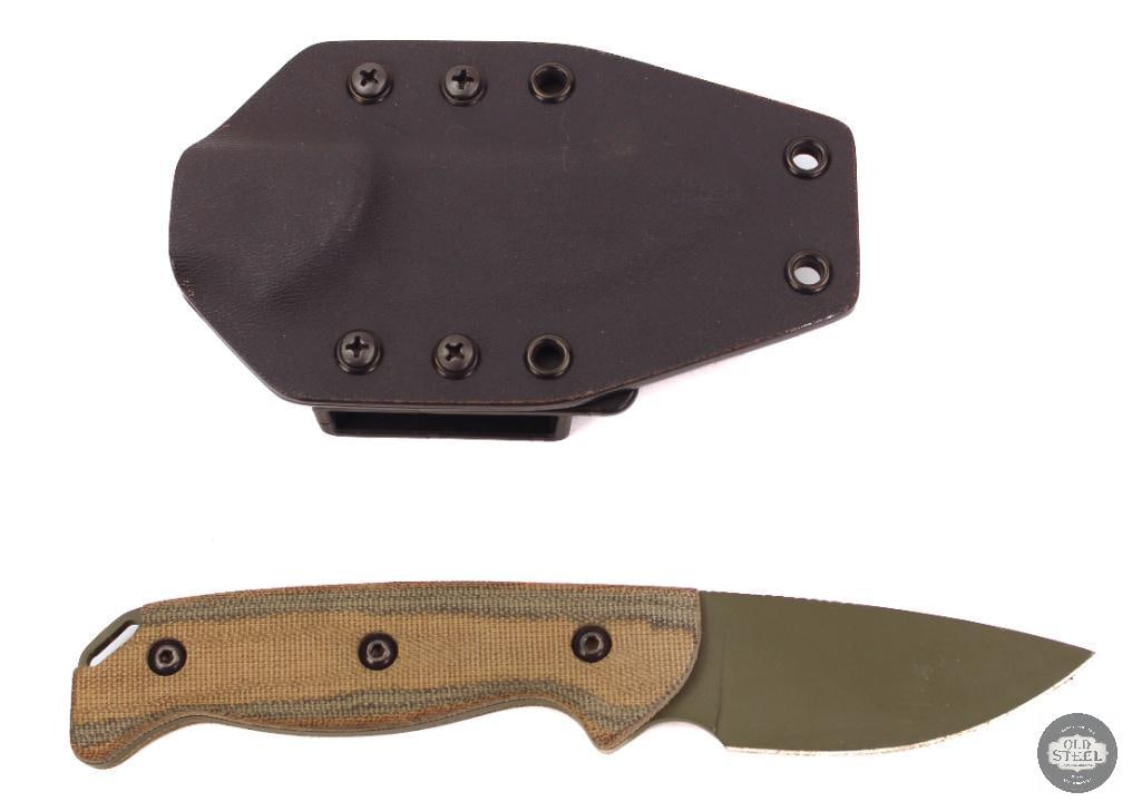 Castlegate Custom Fixed Blade Knife 3 Drop Point Blade, Green Cerakote, Micarta Handles with: This custom fixed blade knife features a 3-inch drop point blade finished in green Cerakote for enhanced durability, corrosion resistance, and a rugged non-reflective appearance. The compact drop