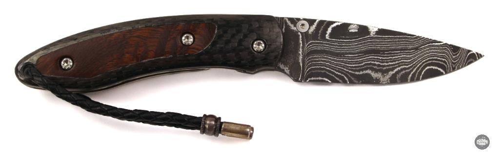 Castlegate Custom Folding Knife 2.5 Damascus Drop Point Blade, Carbon Fiber & Wood Inlay - 2
