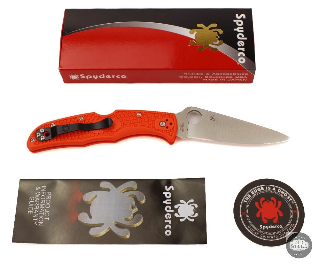 Spyderco Endura 4 Folding Knife Orange Handle, Satin Blade, 3.75 Blade: This Spyderco Endura 4 features a 3.75-inch satin-finished blade paired with a high-visibility orange FRN handle, delivering a full-size version of Spydercos classic lightweight folding knife