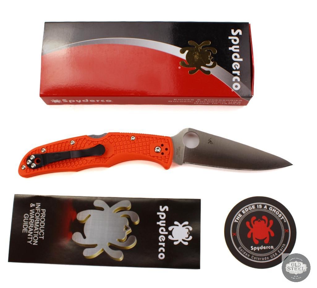 Spyderco Endura 4 Folding Knife Orange Handle, Satin Blade, 3.75 Blade: This Spyderco Endura 4 features a 3.75-inch satin-finished blade paired with a high-visibility orange FRN handle, offering a full-size version of Spydercos lightweight folding knife platform. Built