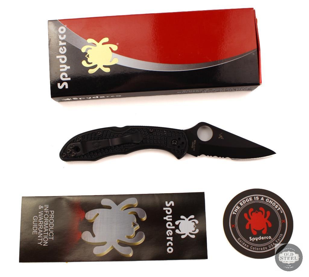 Spyderco Delica 4 Folding Knife All Black, Partially Serrated Blade, 2.88 Blade: This Spyderco Delica 4 features a 2.88-inch partially serrated blade with an all-black finish, offering a versatile and lightweight everyday carry folding knife. The combination edge provides both a