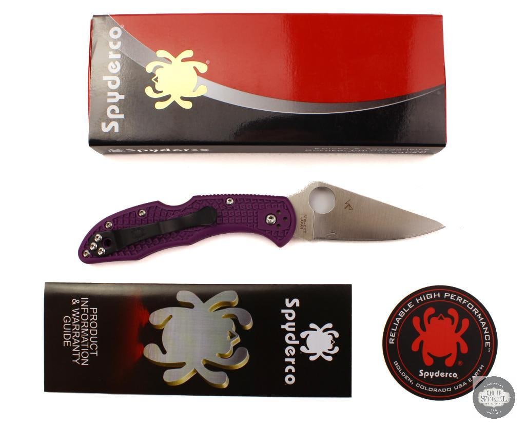 Spyderco Delica 4 Folding Knife Purple Handle, Satin Blade, 2.88 Blade: This Spyderco Delica 4 features a 2.88-inch satin-finished blade paired with a purple FRN handle, offering one of Spydercos most popular lightweight everyday carry folding knife platforms. Known for