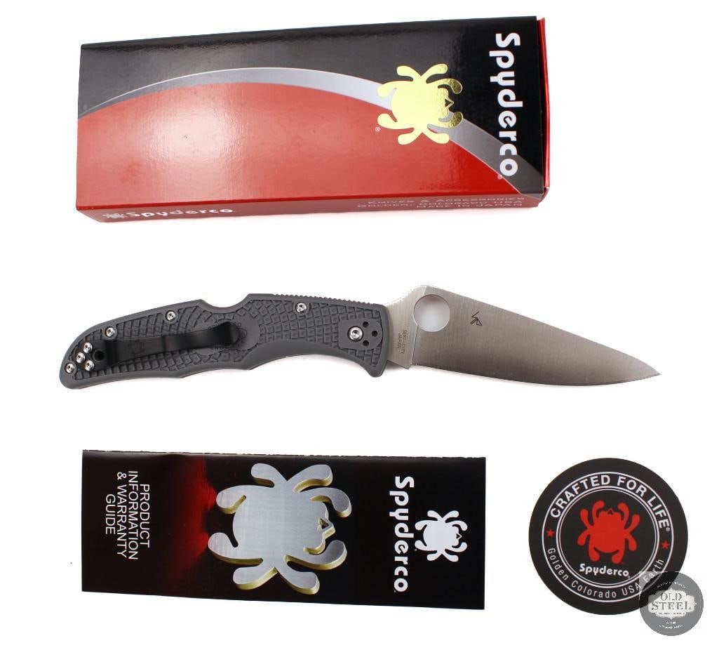 Spyderco Endura 4 Folding Knife Gray Handle, Satin Blade, 3.75 Blade: This Spyderco Endura 4 features a 3.75-inch satin-finished blade paired with a gray FRN handle, offering a full-size version of Spydercos proven lightweight folding knife platform. Designed for