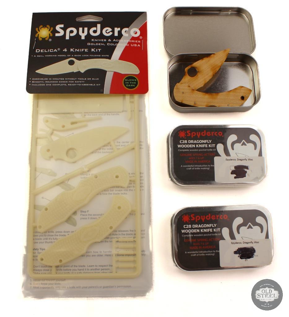 Lot of 4 Spyderco Build Your Own Knife Kits 1 Glow-in-the-Dark Delica Kit & 3 Wooden Dragonfly K: This lot includes four Spyderco build-your-own knife kits featuring one glow-in-the-dark Delica-style kit and three wooden Dragonfly-style kits. Designed as hands-on assembly projects, these kits