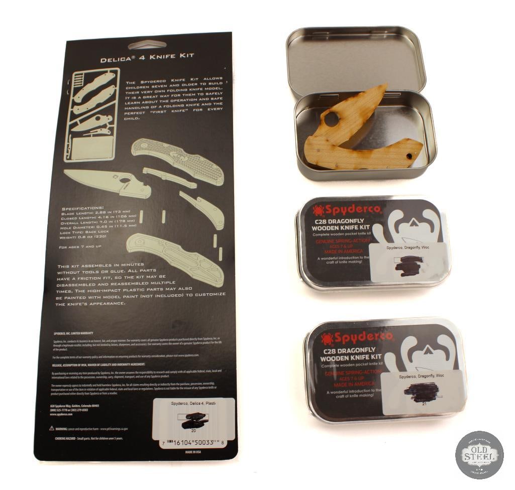Lot of 4 Spyderco Build Your Own Knife Kits 1 Glow-in-the-Dark Delica Kit & 3 Wooden Dragonfly K - 2