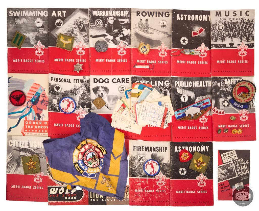 Lot of Boy Scouts of America Merit Badge Books & Patches: This lot includes a variety of Boy Scouts of America merit badge series books and scouting patches, offering a unique collection of educational and collectible scouting materials. The merit badge