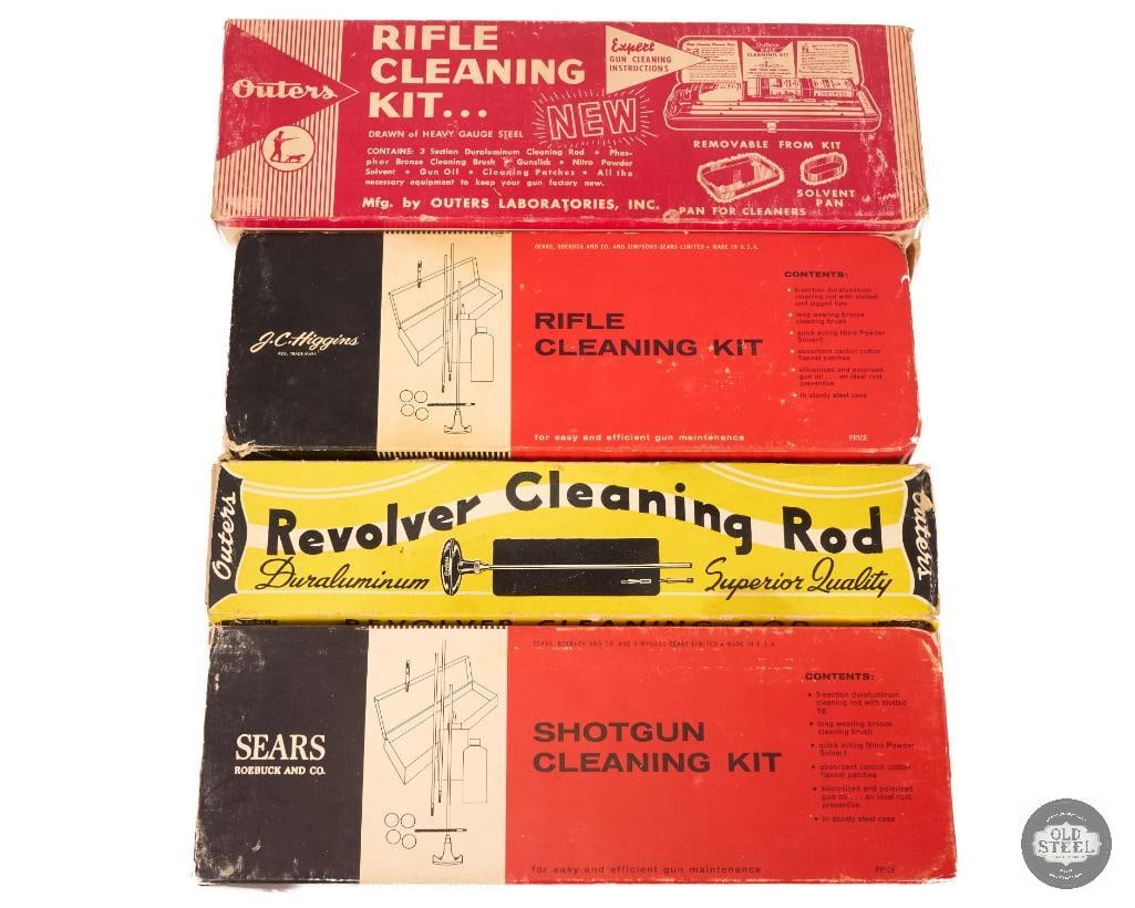 Lot of 4 Vintage Gun Cleaning Kits with Boxes: This lot includes four vintage firearm cleaning kits, each accompanied by its original box. These classic maintenance kits represent an earlier era of firearm care and are well-suited for collectors, 