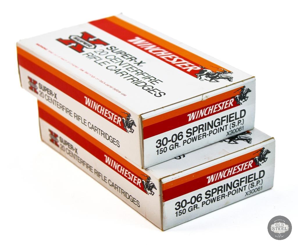 2 Boxes Winchester 30-06 SPRG 150gr Power Point Super X Ammunition - 40rds: 2 Boxes Winchester 30-06 SPRG 150gr Power Point Super X Ammunition - 40rds THIS ITEM IS AS PICTURED WITH NO FURTHER ATTACHMENTS. ALL SALES ARE FINAL.