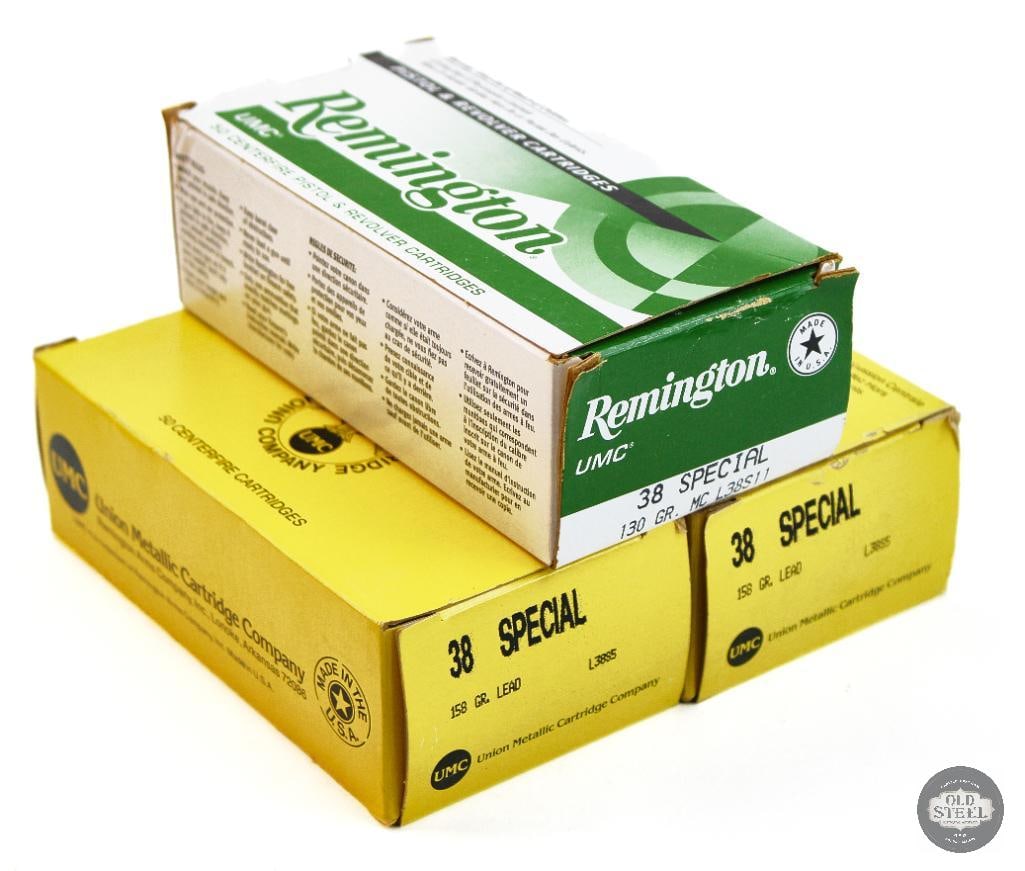 3 Boxes Remington UMC 38 Special Ammunition - 150rds: 2 Boxes UMC 158gr Lead ammunition - 100rds 1 Box Remington UMC 130gr Metal Case ammunition - 50rds THIS ITEM IS AS PICTURED WITH NO FURTHER ATTACH