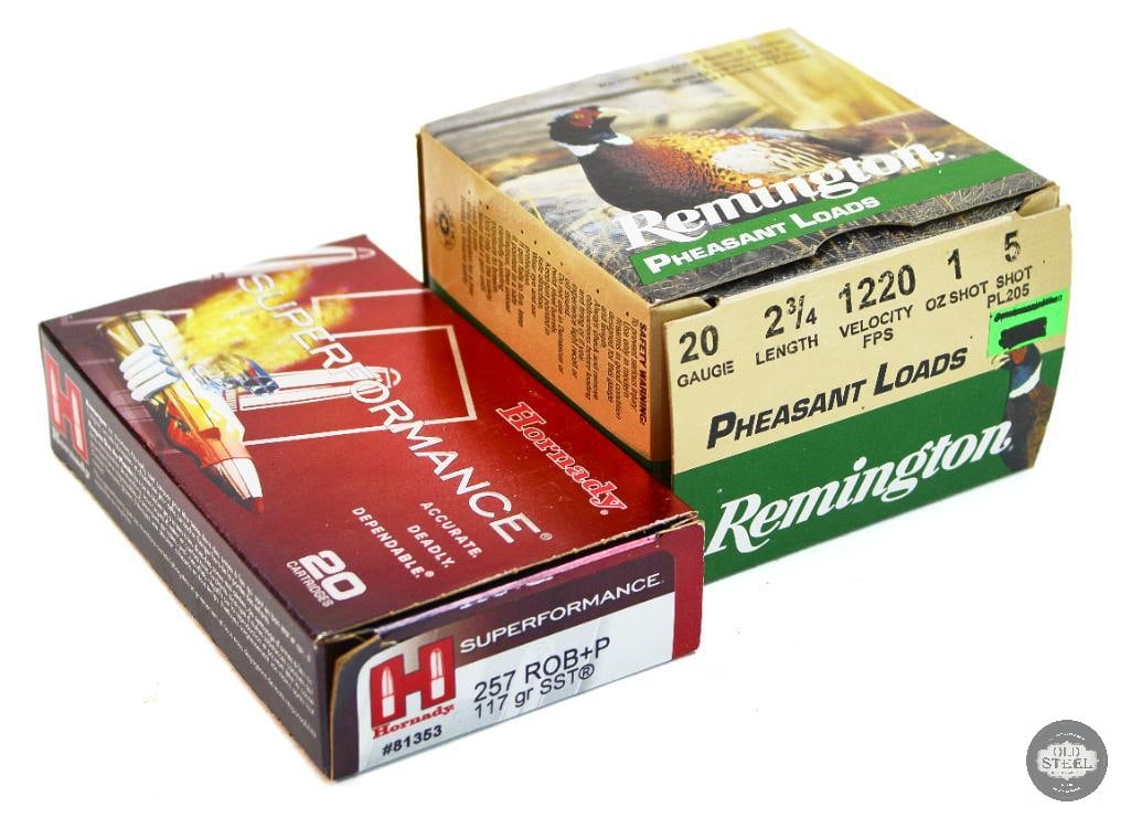 Hornady 257 Roberts 117gr SST 20rds Remington 20ga Pheasant Loads 25rds: Hornady 257 Roberts 117gr SST 20rds Remington 20ga Pheasant Loads 25rds THIS ITEM IS AS PICTURED WITH NO FURTHER ATTACHMENTS. ALL SALES ARE FINAL. PLEASE REFER TO THE AUCTION DESCRIPTION, LOT