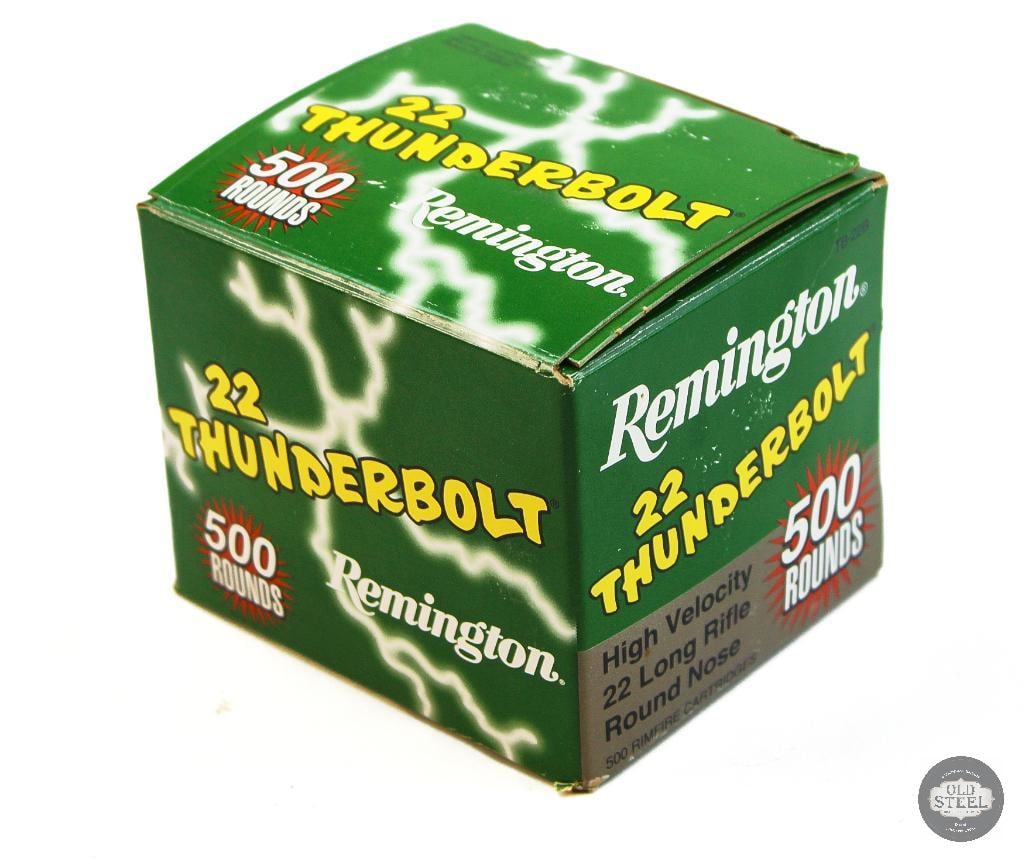 500rd Box Remington 22 Thunderbolt 22LR Ammunition: 500rd Box Remington 22 Thunderbolt 22LR Ammunition THIS ITEM IS AS PICTURED WITH NO FURTHER ATTACHMENTS. ALL SALES ARE FINAL. PLEASE REFER TO THE AUCTION DESCRIPTION, LOT #1 DESCRIPTION