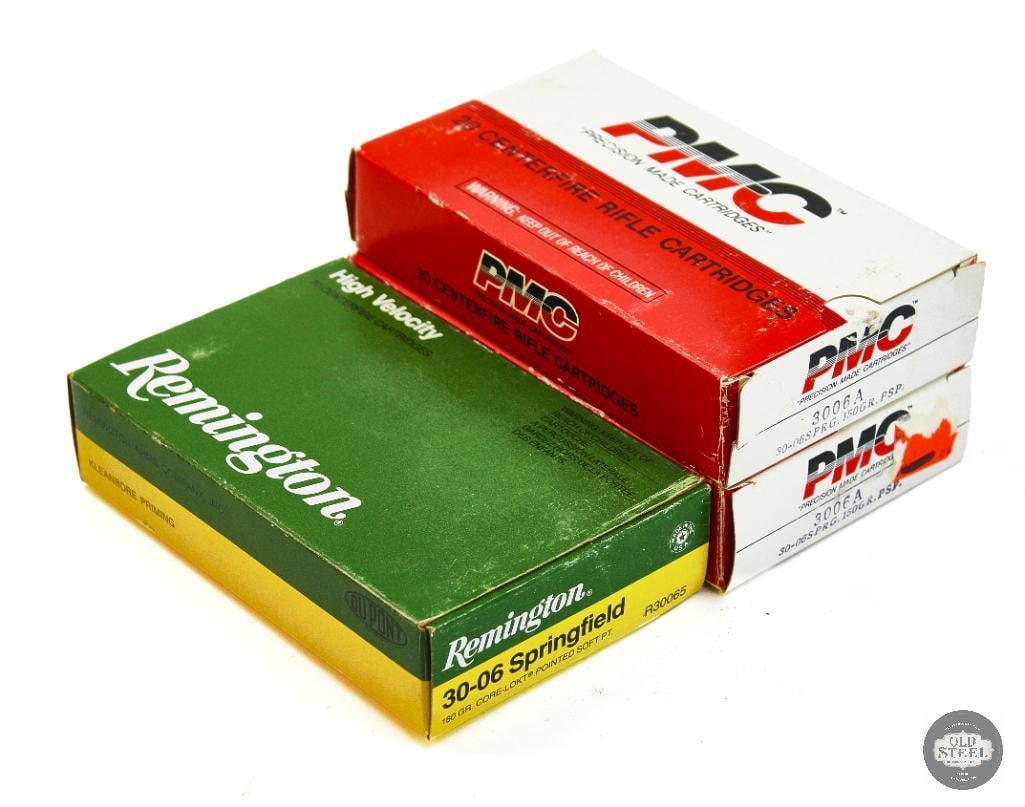 3 Boxes 30-06 SPRG Ammunition - 60rds - Remington, PMC: 2 Boxes PMC 150gr PSP - 40rds 1 Box Remington 180gr Core-Lokt PSP - 20rds THIS ITEM IS AS PICTURED WITH NO FURTHER ATTACHMENTS. ALL SALES ARE FINAL. PLEASE REFER TO THE AUCTION DESCRIPTION,