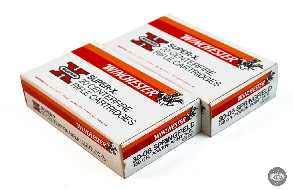 2 Boxes Winchester 30-06 SPRG 150gr Power Point Super-X Ammunition - 40rds: 2 Boxes Winchester 30-06 SPRG 150gr Power Point Super-X Ammunition - 40rds THIS ITEM IS AS PICTURED WITH NO FURTHER ATTACHMENTS. ALL SALES ARE FINAL.