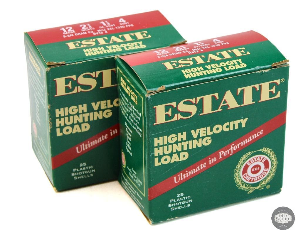 2 Boxes Estate High Velocity Hunting Load 12ga Ammunition - 50rds: 2 Boxes Estate High Velocity Hunting Load 12ga Ammunition - 50rds THIS ITEM IS AS PICTURED WITH NO FURTHER ATTACHMENTS. ALL SALES ARE FINAL. PLEASE REFER TO THE AUCTION DESCRIPTION, LOT