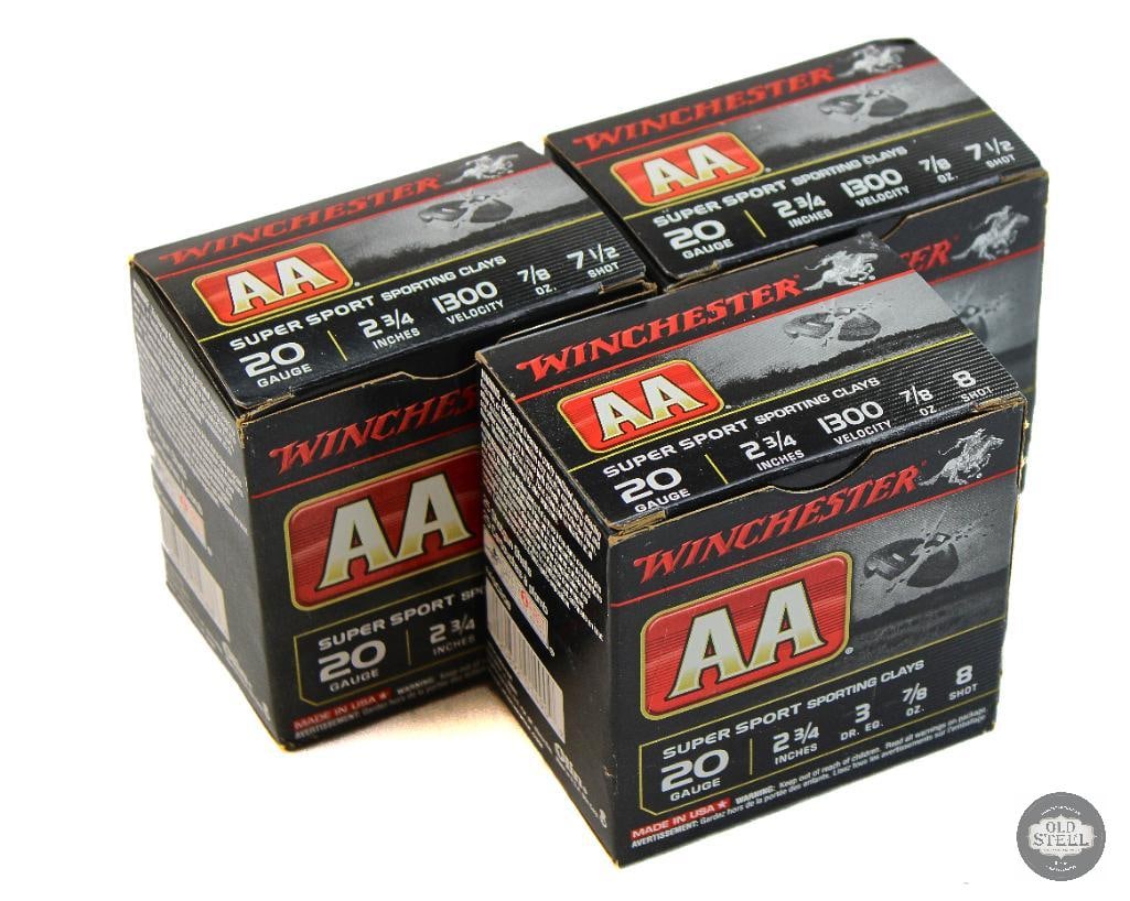 3 Boxes Winchester AA 20ga Super Sport Ammunition - 75rds: 3 Boxes Winchester AA 20ga Super Sport Ammunition - 75rds THIS ITEM IS AS PICTURED WITH NO FURTHER ATTACHMENTS. ALL SALES ARE FINAL. PLEASE REFER TO THE AUCTION DESCRIPTION, LOT