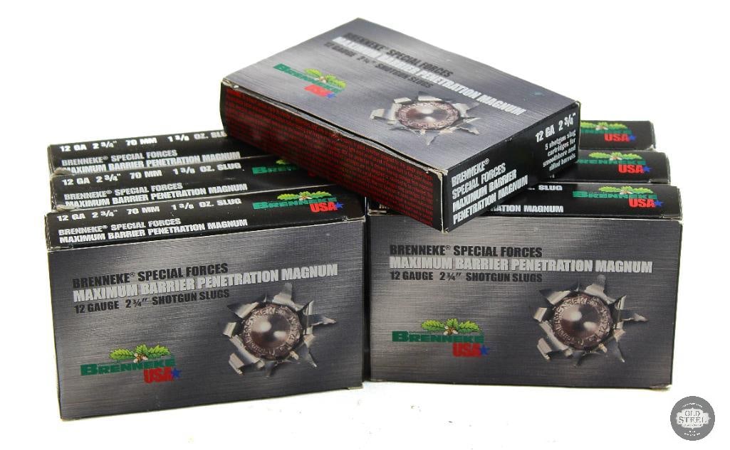 7 Boxes Brenneke 12ga Special Forces Maximum Barrier Penetration Magnum Slug Ammunition - 35rds: 7 Boxes Brenneke 12ga Special Forces Maximum Barrier Penetration Magnum Slug Ammunition - 35rds THIS ITEM IS AS PICTURED WITH NO FURTHER ATTACHMENTS.
