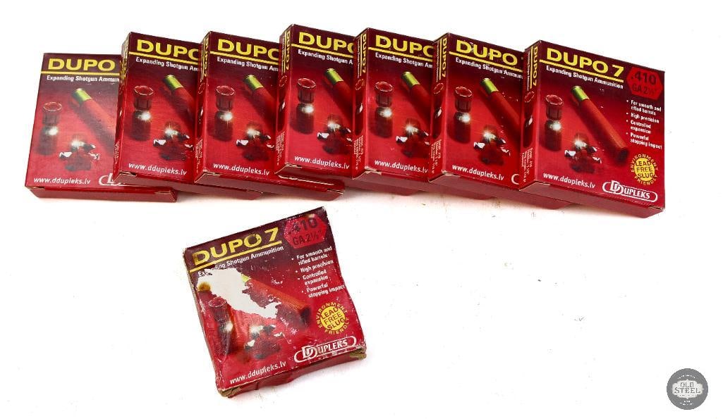 8 Boxes Dupo 7 410ga Slug Ammunition - 40rds: 8 Boxes Dupo 7 410ga Slug Ammunition - 40rds THIS ITEM IS AS PICTURED WITH NO FURTHER ATTACHMENTS. ALL SALES ARE FINAL. PLEASE REFER TO THE AUCTION DESCRIPTION, LOT #1 DESCRIPTION AND