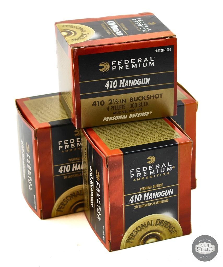 4 Boxes Federal 410 Hangun 000 Buck Ammunition - 80rds: 4 Boxes Federal 410 Hangun 000 Buck Ammunition - 80rds THIS ITEM IS AS PICTURED WITH NO FURTHER ATTACHMENTS. ALL SALES ARE FINAL. PLEASE REFER TO THE AUCTION DESCRIPTION, LOT