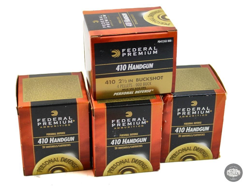 4 Boxes Federal 410 Hangun 000 Buck Ammunition - 80rds: 4 Boxes Federal 410 Hangun 000 Buck Ammunition - 80rds THIS ITEM IS AS PICTURED WITH NO FURTHER ATTACHMENTS. ALL SALES ARE FINAL. PLEASE REFER TO THE