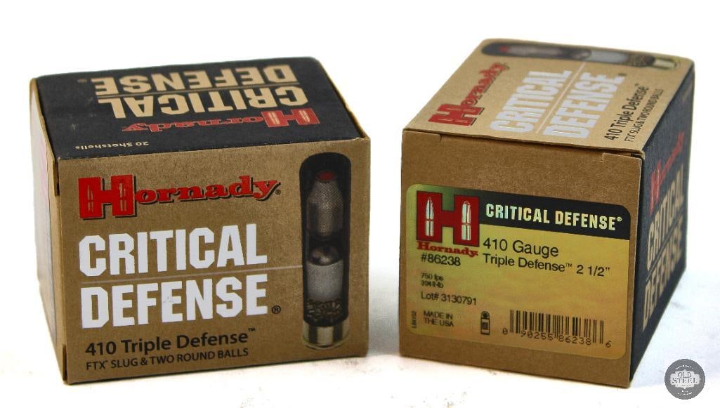 2 Boxes Hornady 410ga Triple Defense 2-1/2 Defensive Ammunition - 40rds: 2 Boxes Hornady 410ga Triple Defense 2-1/2 Defensive Ammunition - 40rds THIS ITEM IS AS PICTURED WITH NO FURTHER ATTACHMENTS. ALL SALES ARE FINAL. PLE