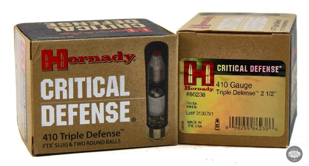 2 Boxes Hornady Critical Defense 410ga Triple Defense 2-1/2 Defensive Ammunition - 40rds: 2 Boxes Hornady Critical Defense 410ga Triple Defense 2-1/2 Defensive Ammunition - 40rds THIS ITEM IS AS PICTURED WITH NO FURTHER ATTACHMENTS. ALL SAL
