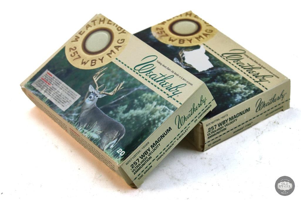 2 Boxes Weatherby 257 WBY MAG Ammunition - 35rds: 1 Box Weatherby 257 WBY MAG 100gr Triple Shock X Bullet Ammunition - 20ds 1 Box Weatherby 257 WBY MAG 80gr Barnes TTSX Ammunition - 15rds THIS ITEM IS