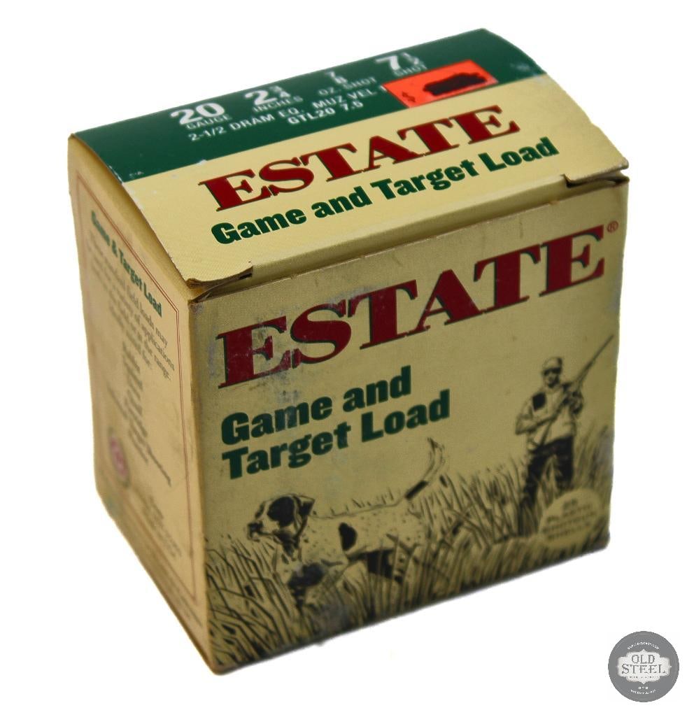 Box of Estate Cartridge 20ga Game and Target Load Ammunition - 25rds: Box of Estate Cartridge 20ga Game and Target Load Ammunition - 25rds THIS ITEM IS AS PICTURED WITH NO FURTHER ATTACHMENTS. ALL SALES ARE FINAL. PLEASE REFER TO THE AUCTION DESCRIPTION, LOT