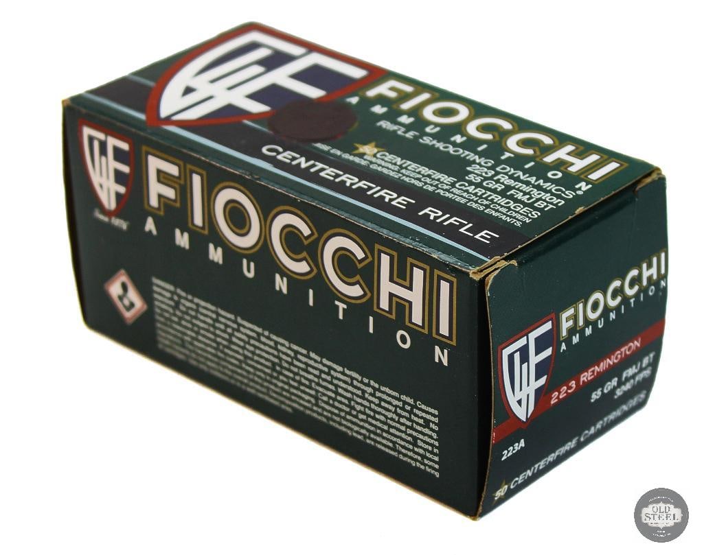 Box of Fiocchi 223 REM 55gr FMJ BT Ammunition - 50rds: Box of Fiocchi 223 REM 55gr FMJ BT Ammunition - 50rds THIS ITEM IS AS PICTURED WITH NO FURTHER ATTACHMENTS. ALL SALES ARE FINAL. PLEASE REFER TO THE A