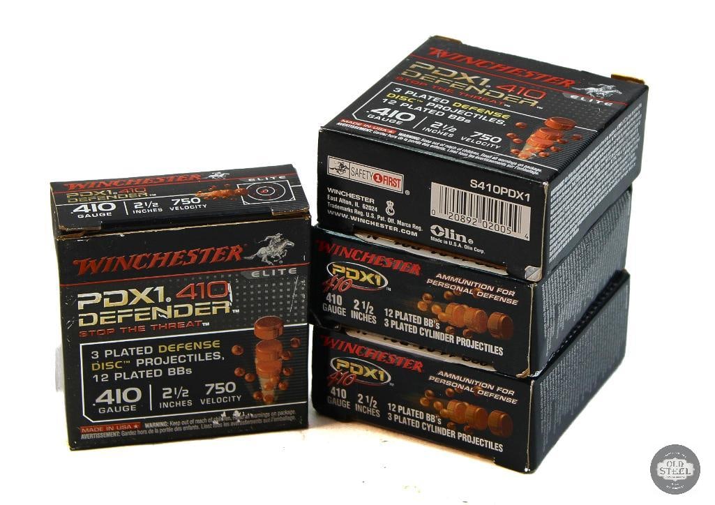 4 Boxes Winchester PDX1 410ga Defensive Ammunition - 40rds: 4 Boxes Winchester PDX1 410ga Defensive Ammunition - 40rds THIS ITEM IS AS PICTURED WITH NO FURTHER ATTACHMENTS. ALL SALES ARE FINAL. PLEASE REFER TO THE AUCTION DESCRIPTION, LOT