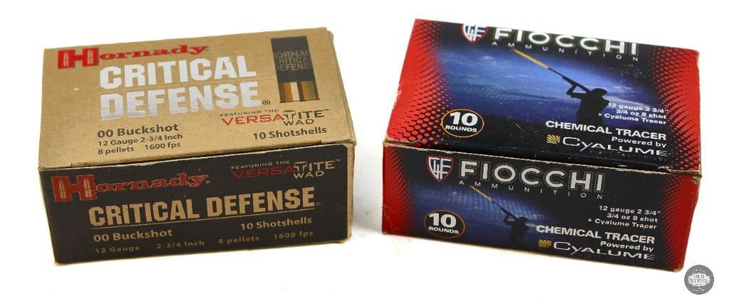 2 Boxes 12ga Ammunition - Hornady, Fiocchi: Hornady Critical Defense 00 Buck - 10rds Fiocchi 3/4oz No. 8 Shot - 10rds THIS ITEM IS AS PICTURED WITH NO FURTHER ATTACHMENTS. ALL SALES ARE