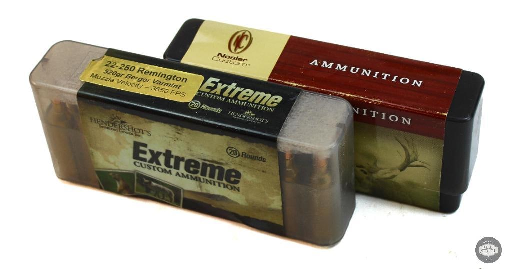 2 Boxes 22-250 REM Ammunition - Hendershots, Nosler - 2