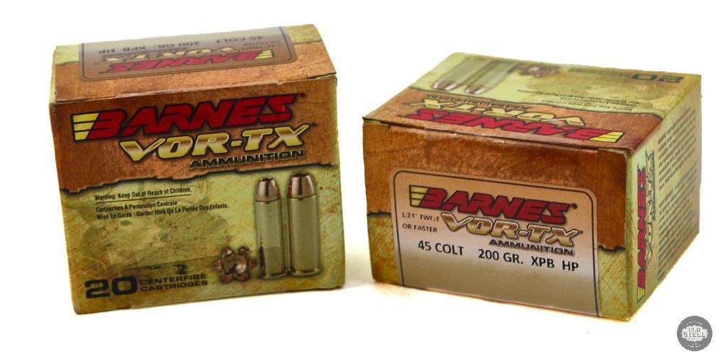 2 Boxes Barnes 45 Colt 200gr XPB HP Vor-TX Ammunition - 40rds: 2 Boxes Barnes 45 Colt 200gr XPB HP Vor-TX Ammunition - 40rds THIS ITEM IS AS PICTURED WITH NO FURTHER ATTACHMENTS. ALL SALES ARE FINAL. PLEASE REFER