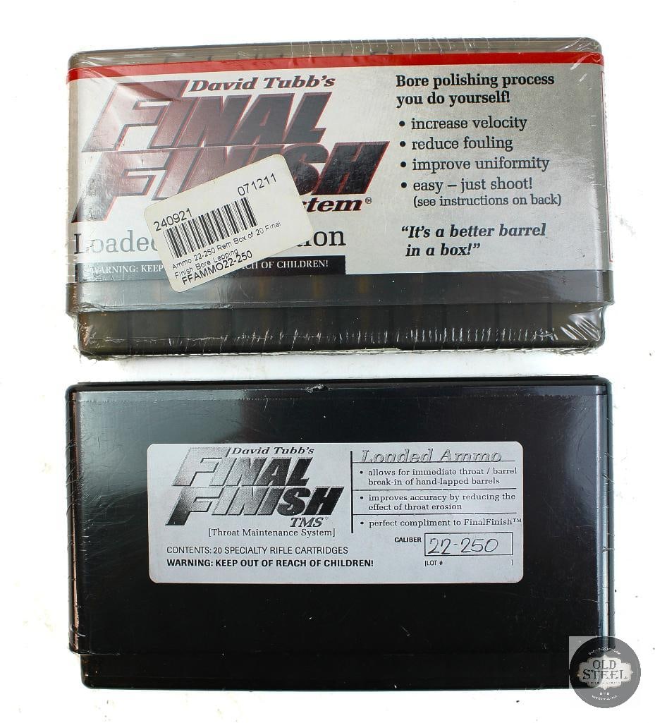 2 Boxes Final Finish 22-250 REM Ammunition - 40rds: 2 Boxes Final Finish 22-250 REM Ammunition - 40rds THIS ITEM IS AS PICTURED WITH NO FURTHER ATTACHMENTS. ALL SALES ARE FINAL. PLEASE REFER TO THE AUCTION DESCRIPTION, LOT #1 DESCRIPTION