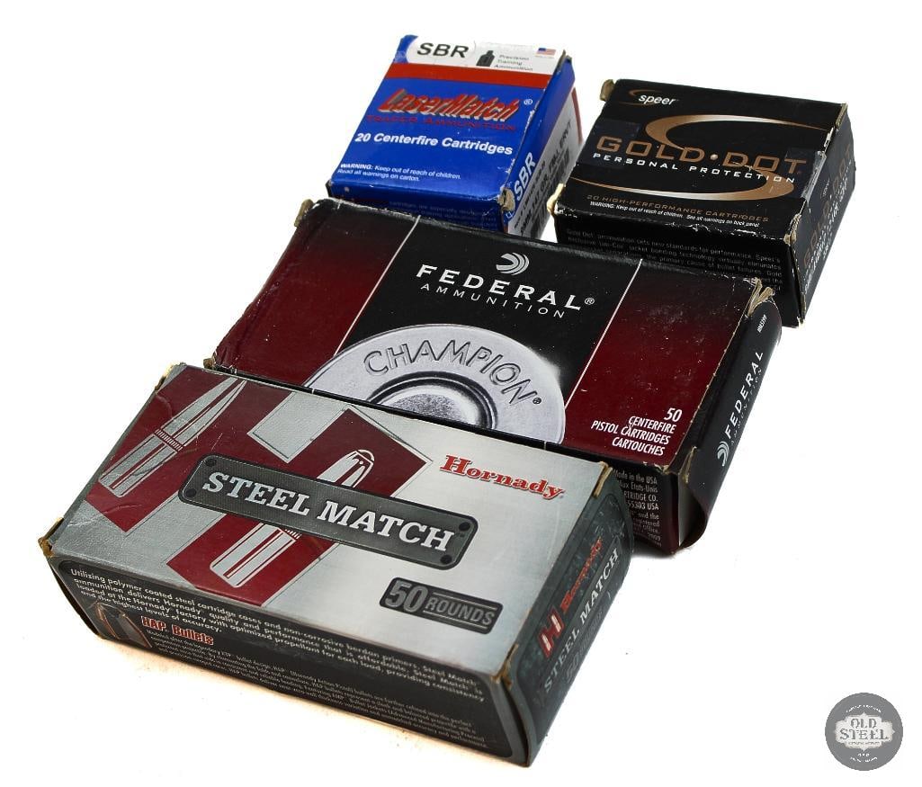 4 Boxes Various 9mm Luger Ammunition - 140rds: Hornady STEEL MATCH 9mm Luger 125gr HAP - 50rds (Steel Case) Federal Champion 9mm Luger 115gr FMJ - 50rds Speer Gold Dot 9mm 124gr GDHP - 20rds SBR LaserMatch 9mm 147gr FMJ - 20rds 