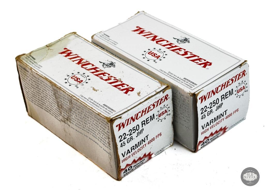 2 Boxes Winchester 22-250 REM 45gr JHP Varmint Ammunition - 80rds: 2 Boxes Winchester 22-250 REM 45gr JHP Varmint Ammunition - 80rds THIS ITEM IS AS PICTURED WITH NO FURTHER ATTACHMENTS. ALL SALES ARE FINAL. PLEASE REFER TO THE AUCTION DESCRIPTION, LOT