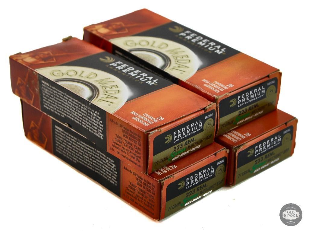 4 Boxes Federal 223 REM 77gr Sierra Matchking BTHP Gold Medal Match Ammunition - 80rds: 4 Boxes Federal 223 REM 77gr Sierra Matchking BTHP Gold Medal Match Ammunition - 80rds THIS ITEM IS AS PICTURED WITH NO FURTHER ATTACHMENTS. ALL SALES