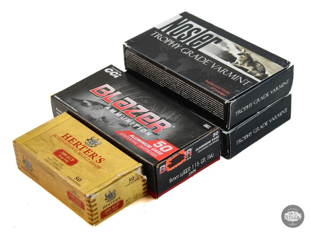 4 Boxes Various Ammunition - 9mm, 380 AUTO, 22-250 REM: Nosler Trophy Grade 22-250 REM 35gr BTLF - 40rds Blazer 9mm 115gr FMJ Aluminum Case - 50rds Herter's 380 AUTO 91gr FMJ - 50rds THIS ITEM