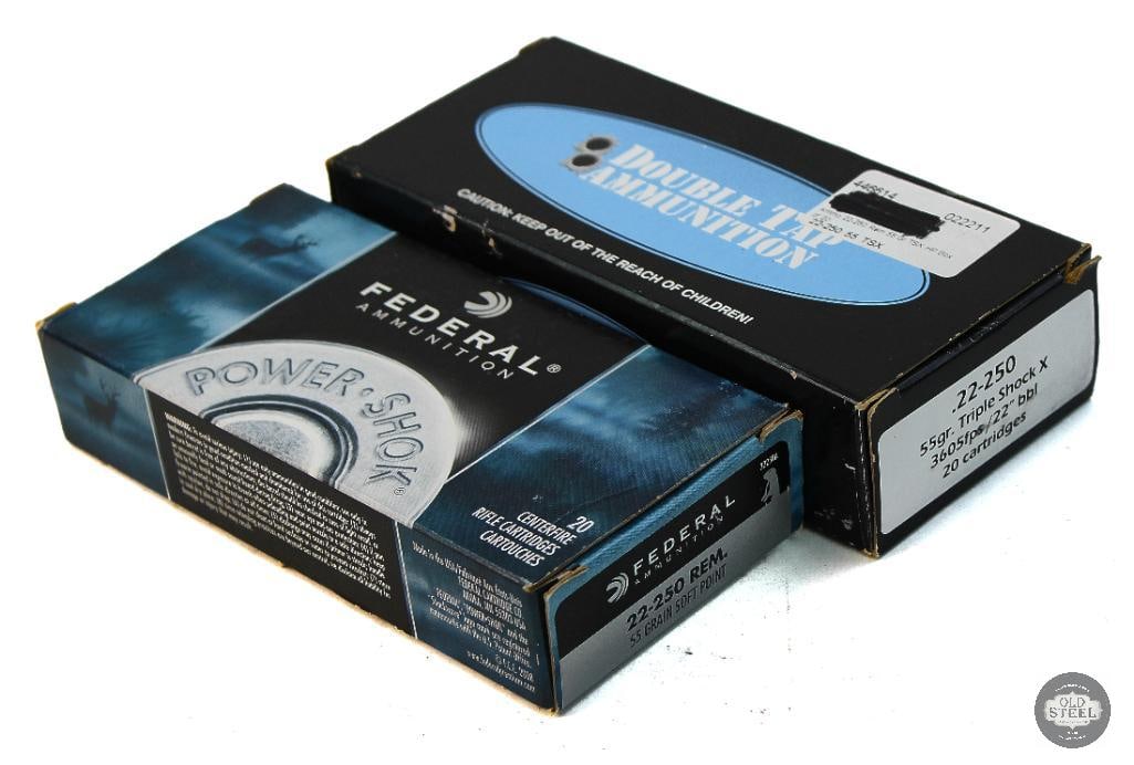 Box of Double Tap 22-250 REM 55gr Triple Shock X Ammunition - 20rds and 20 Spent 22-250 Casings: Box of Double Tap 22-250 REM 55gr Triple Shock X Ammunition - 20rds and 20 Spent 22-250 Casings THIS ITEM IS AS PICTURED WITH NO FURTHER ATTACHMENTS.