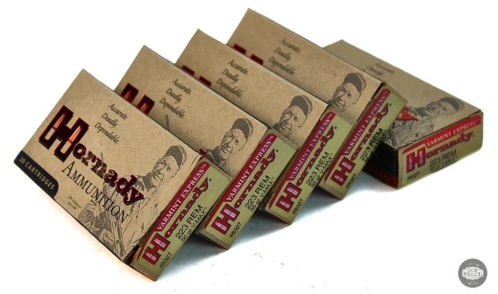 5 Boxes Hornady 223 REM 55gr V-Max Ammunition - 100rds: 5 Boxes Hornady 223 REM 55gr V-Max Ammunition - 100rds THIS ITEM IS AS PICTURED WITH NO FURTHER ATTACHMENTS. ALL SALES ARE FINAL. PLEASE REFER TO THE
