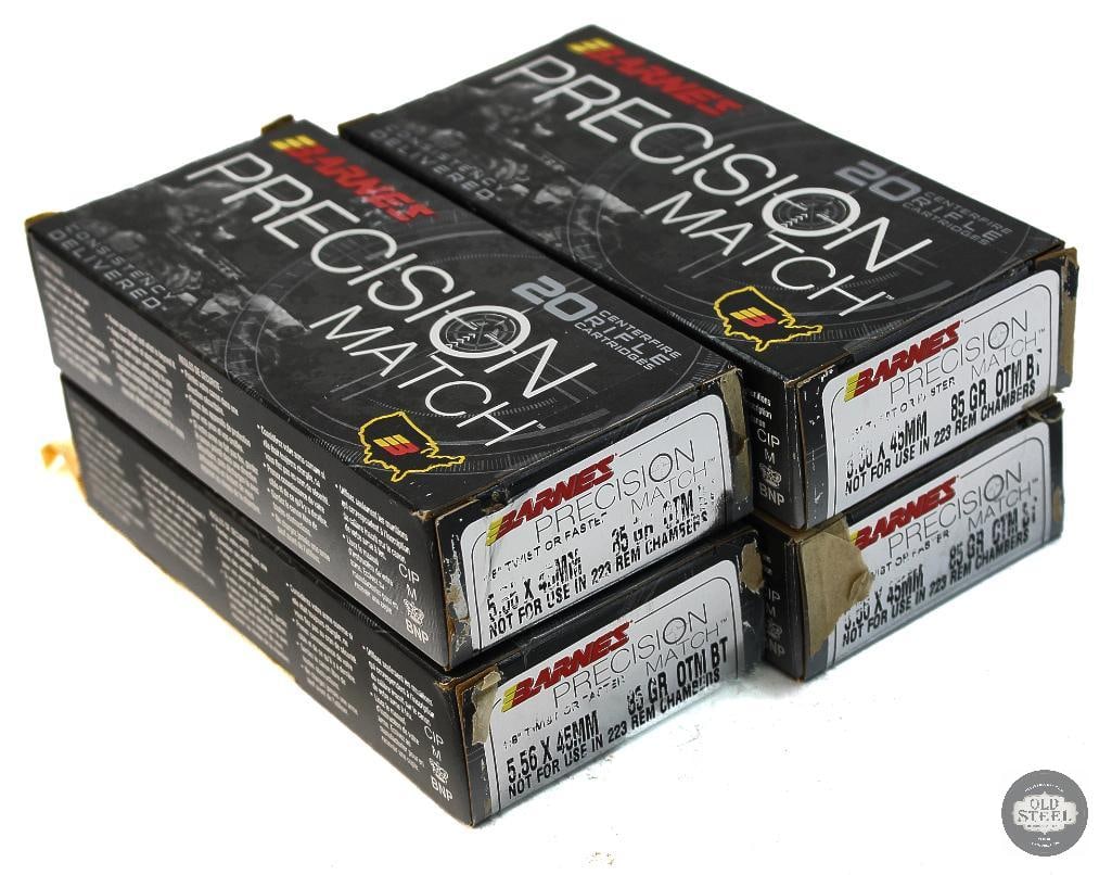 4 Boxes Barnes Precision 5.56x45 85gr OTM Ammunition - 80rds: 4 Boxes Barnes Precision 5.56x45 85gr OTM Ammunition - 80rds THIS ITEM IS AS PICTURED WITH NO FURTHER ATTACHMENTS. ALL SALES ARE FINAL. PLEASE REFER T