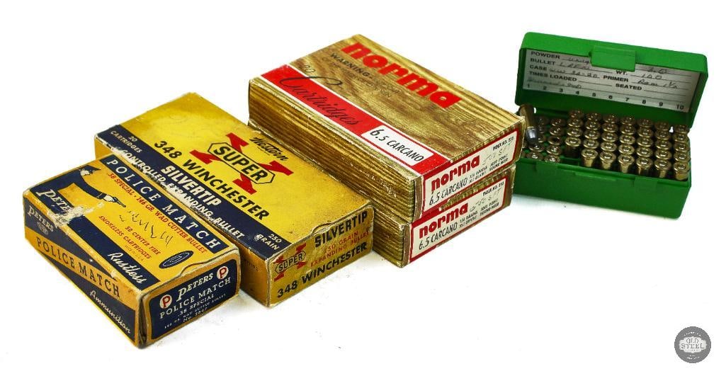 Assorted Boxes of Various Ammunition - 38 SPL, 6.5 Carc, 348 WIN, 32-20 WIN: Norma 156gr SPRN - 40rds Peters Police Match 38 SPL 146gr Wad Cutter Bullet - 40rds Winchester Super-X 348 WIN 250gr Silvertip - 20rds Reloaded 32-20 WIN - 35rds THIS ITEM IS AS PICTURED WITH