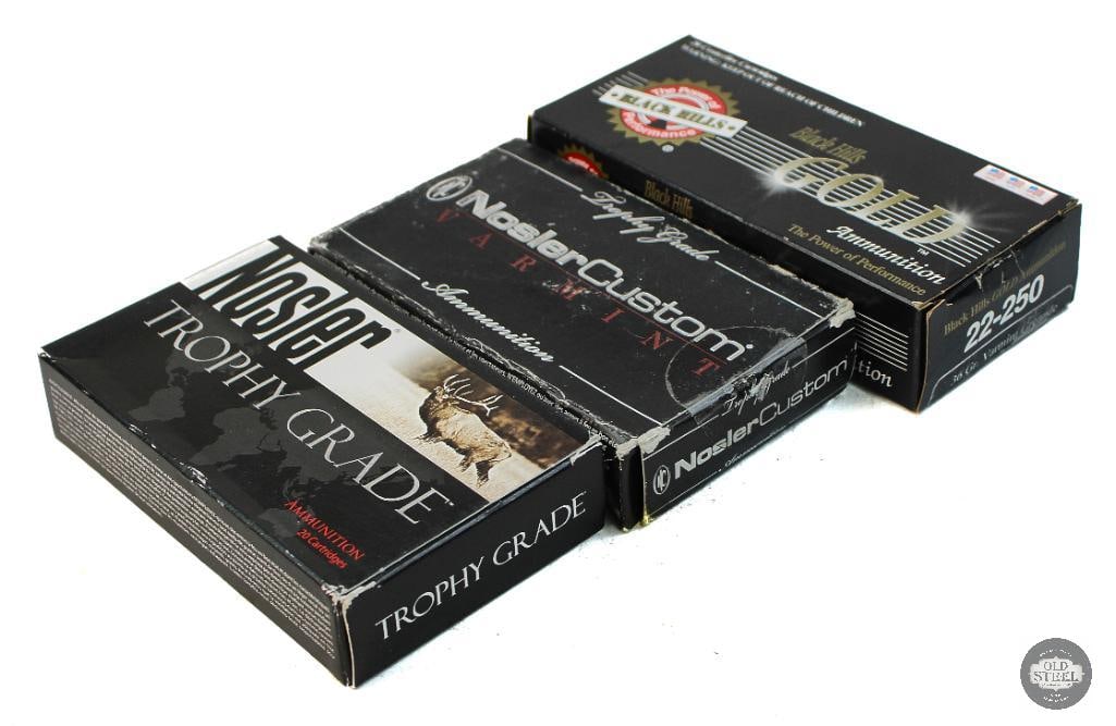 3 Boxes 22-250 REM Ammunition - 60rds: Nosler 55gr Ballistic Tip Varmint - 20rds Nosler 62gr BSP - 20rds Black Hills Gold 36gr Varmint Grenade - 20rds THIS ITEM IS AS PICTURED WITH NO FURTHER ATTACHMENTS. ALL SALES ARE FINAL.