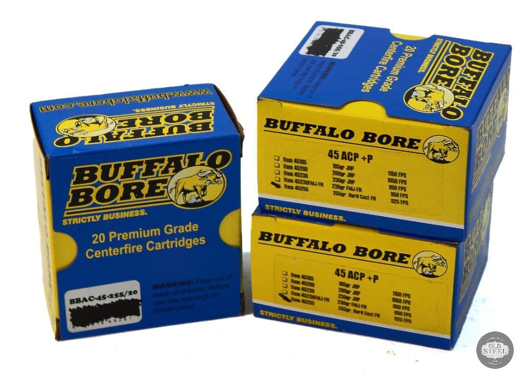 3 Boxes Buffalo Bore 45 ACP +P 255gr Hard Cast FN Ammunition - 60rds: 3 Boxes Buffalo Bore 45 ACP +P 255gr Hard Cast FN Ammunition - 60rds THIS ITEM IS AS PICTURED WITH NO FURTHER ATTACHMENTS. ALL SALES ARE FINAL. PLEASE