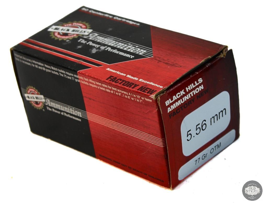 Box of Black Hills 5.56mm 77gr OTM Ammunition Factory New - 50rds: Box of Black Hills 5.56mm 77gr OTM Ammunition Factory New - 50rds THIS ITEM IS AS PICTURED WITH NO FURTHER ATTACHMENTS. ALL SALES ARE FINAL. PLEASE REFER TO THE AUCTION DESCRIPTION, LOT