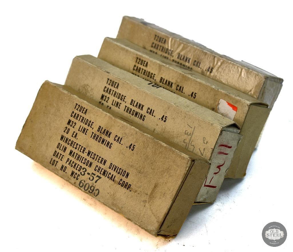 4 Boxes Winchester 45 Cal M32 Line Thrower Ammunition - 80rds: 4 Boxes Winchester 45 Cal M32 Line Thrower Ammunition - 80rds THIS ITEM IS AS PICTURED WITH NO FURTHER ATTACHMENTS. ALL SALES ARE FINAL. PLEASE REFER