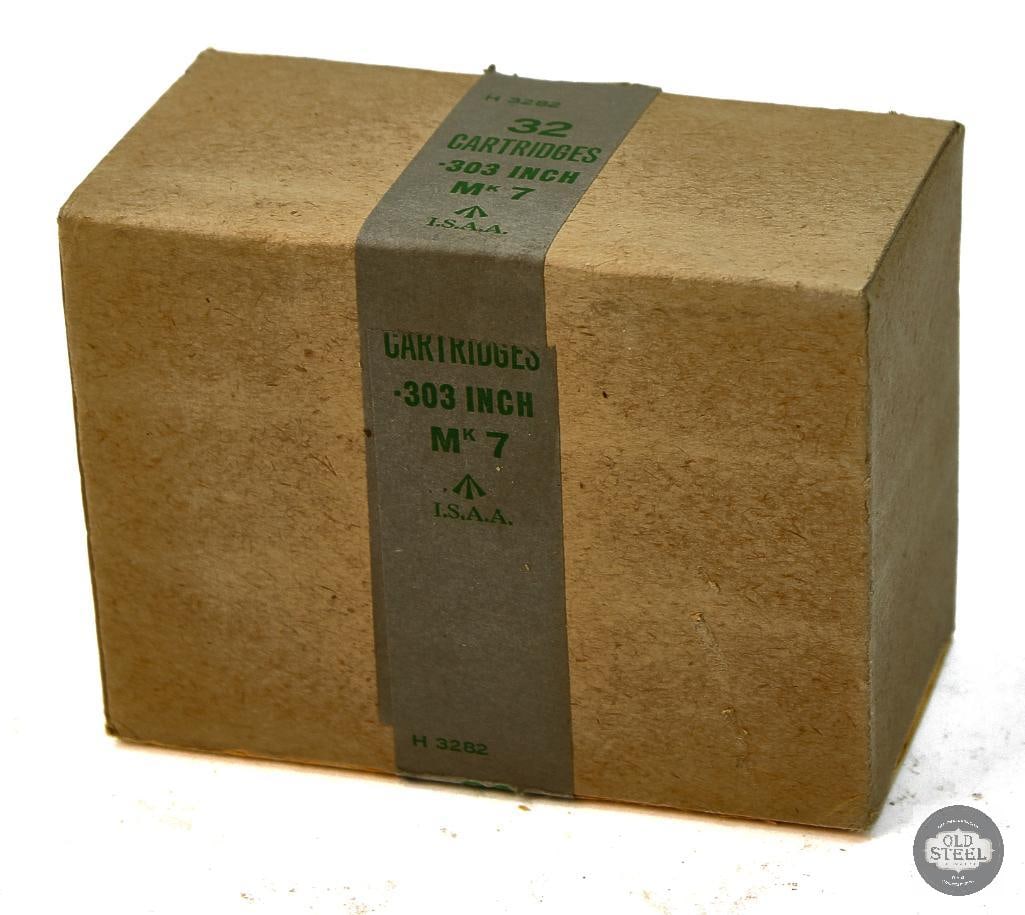 Box of British Mk 7 303 Brit Ammunition - 32rds: Box of British Mk 7 303 Brit Ammunition - 32rds THIS ITEM IS AS PICTURED WITH NO FURTHER ATTACHMENTS. ALL SALES ARE FINAL. PLEASE REFER TO THE AUCTION
