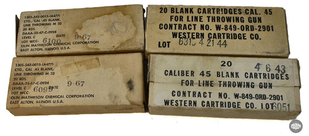 4 Boxes Winchester 45 Caliber Line Thrower Ammunition - 60rds and 20 Spent Casings: 4 Boxes Winchester 45 Caliber Line Thrower Ammunition - 60rds and 20 Spent Casings THIS ITEM IS AS PICTURED WITH NO FURTHER ATTACHMENTS. ALL SALES ARE