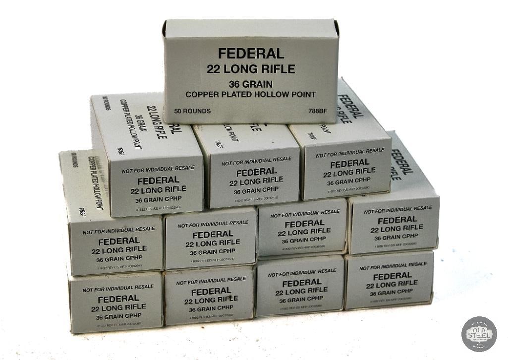 12 Boxes Federal 22LR 36gr CPHP Ammunition - 600rds: 12 Boxes Federal 22LR 36gr CPHP Ammunition - 600rds THIS ITEM IS AS PICTURED WITH NO FURTHER ATTACHMENTS. ALL SALES ARE FINAL. PLEASE REFER TO THE AUCTION DESCRIPTION, LOT #1 DESCRIPTION