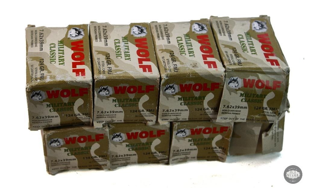 8 Boxes Wolf Military Classic 7.62x39 124gr FMJ - 160rds: 8 Boxes Wolf Military Classic 7.62x39 124gr FMJ - 160rds THIS ITEM IS AS PICTURED WITH NO FURTHER ATTACHMENTS. ALL SALES ARE FINAL. PLEASE REFER TO THE AUCTION DESCRIPTION, LOT